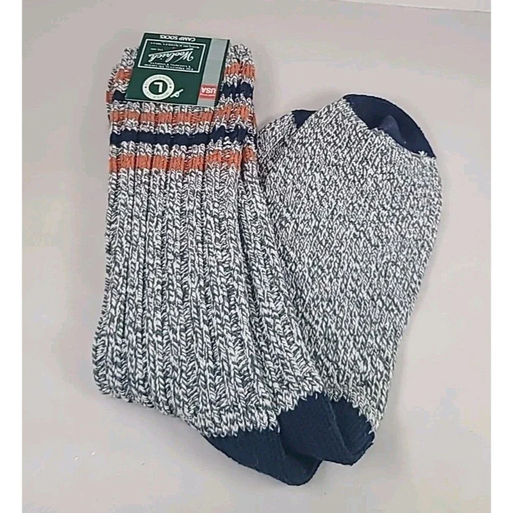 New Woolrich Camp Socks Blue Orange Grey Made in USA Outdoor Hiking